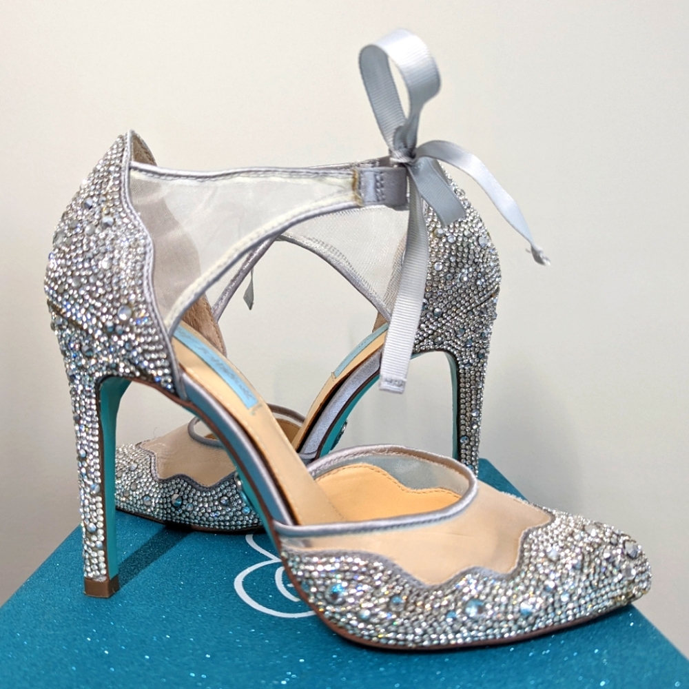 Betsey Johnson Blue iris silver wedding bridal high heels vintage inspired